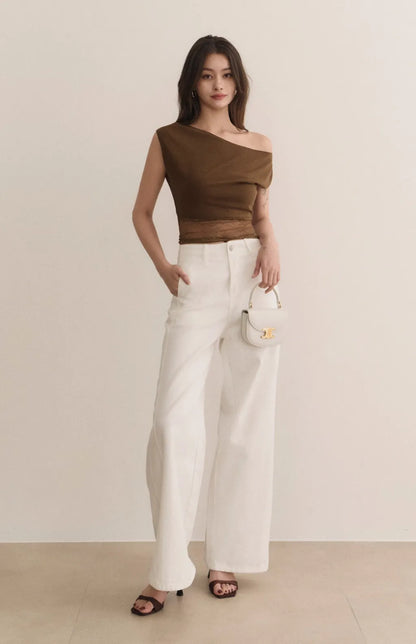 Asymmetric Lace Panel Bra Top<br/>斜領露肩拼接蕾絲Bra Top