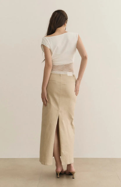 French Minimal Back-Slit Denim Midi Skirt<br/>法式極簡後開衩牛仔裙