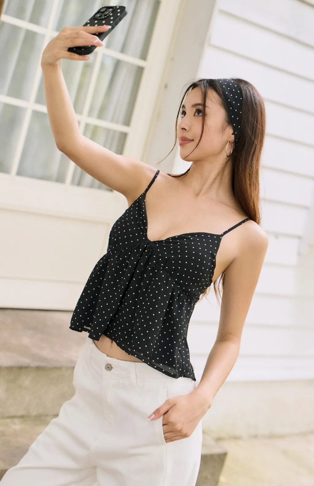 Polka Dot Chiffon Peplum Bra Top with Scarf<br/>美式雪紡點點細肩傘擺Bra Top(附領巾)