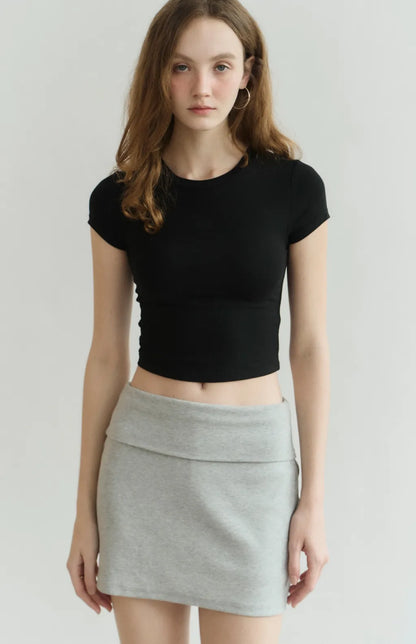 Fold-Over Wide-Waistband Ribbed Skort<br/>反折寬腰帶羅紋短褲裙
