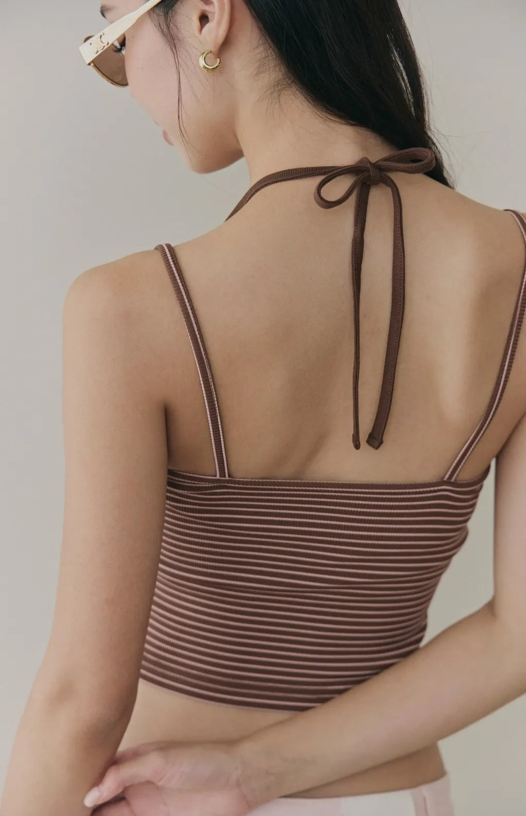 Striped Layered Halter Scoop Bra Top<br/>條紋假兩件U領綁帶Bra Top