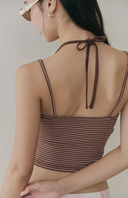 Striped Layered Halter Scoop Bra Top<br/>條紋假兩件U領綁帶Bra Top