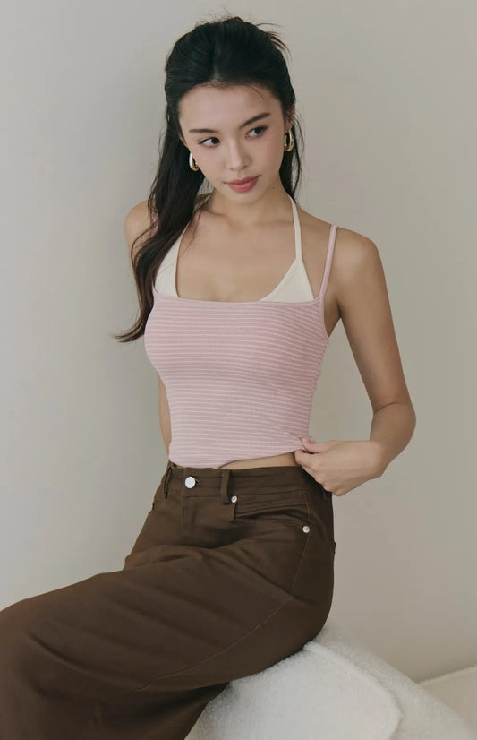 Striped Layered Halter Scoop Bra Top<br/>條紋假兩件U領綁帶Bra Top