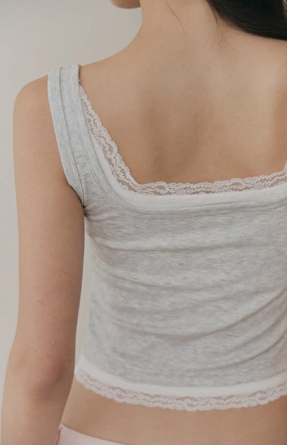 Tencel Layered Lace-Trim Henley Bra Top<br/>天絲假兩件蕾絲可開釦Bra Top