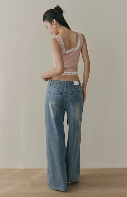 Drawstring Soft Denim Wide-Leg Jeans<br/>抽繩腰帶軟牛仔寬褲