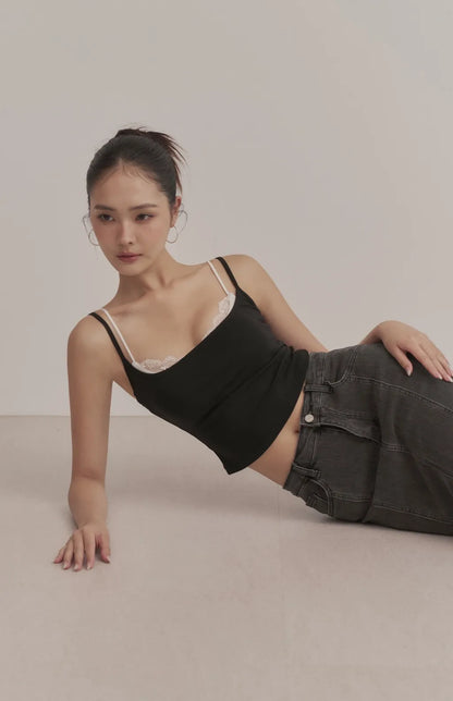 Layered Sweetheart Lace-Trim Crop Bra Top<br/>假兩件桃心領蕾絲花邊Bra Top