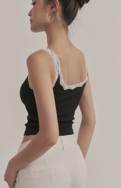 Contrast Lace Scoop-Neck Ribbed Bra Top<br/>羅紋撞色蕾絲U領Bra Top