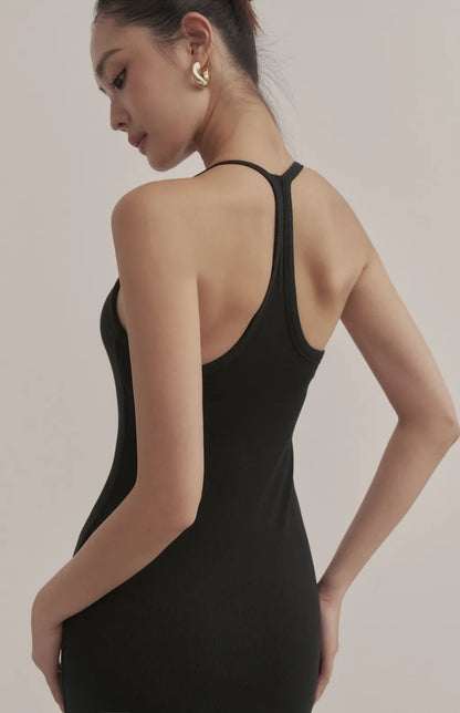 Ribbed V-Neck Racerback Bodycon Maxi Bra Dress<br/>羅紋V領挖背修身Bra Dress