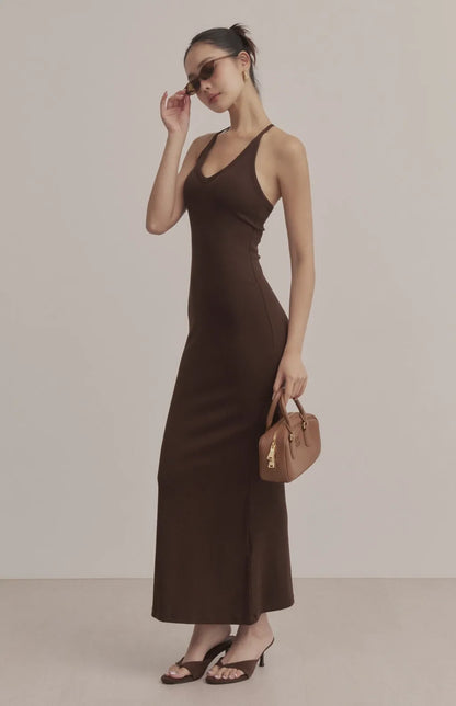 Ribbed V-Neck Racerback Bodycon Maxi Bra Dress<br/>羅紋V領挖背修身Bra Dress