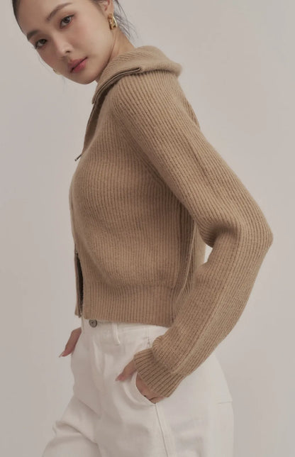 Ribbed Collared Two-Way Zip Knit Jacket<br/>坑條翻領拉鍊針織外套