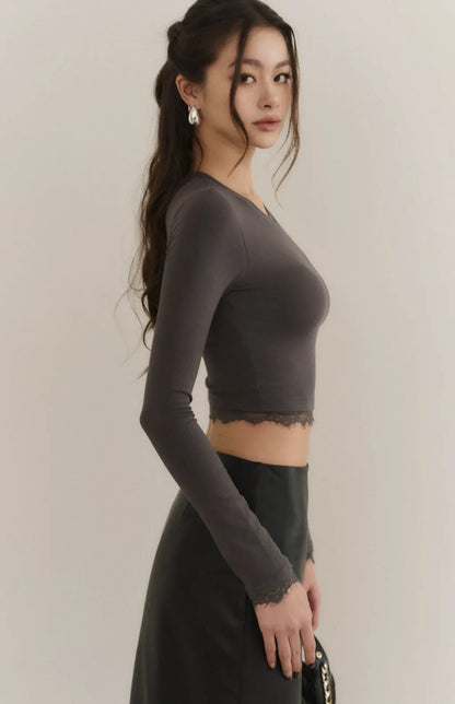 （最後現貨）Modal Lace-Panel Crew Neck Long Sleeve Bra Top<br/>莫代爾拼接蕾絲圓領長袖Bra Top -【XS】
