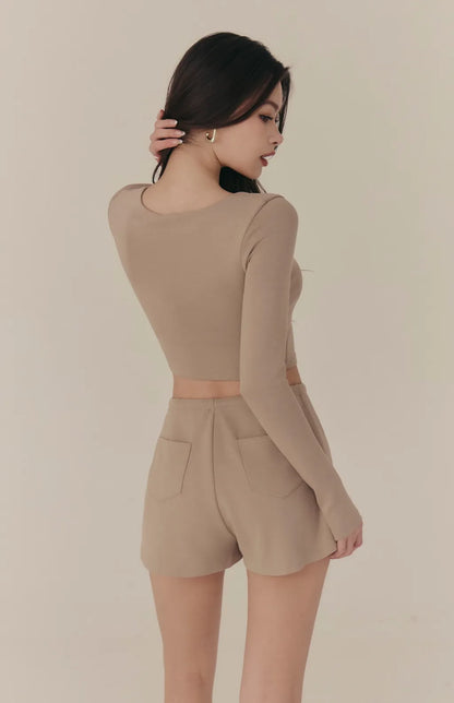 (現貨) Cloud V-Neck Zip Long-Sleeve Bra Top<br/>雲感太空棉V領修身拉鍊長袖Bra Top -【S】