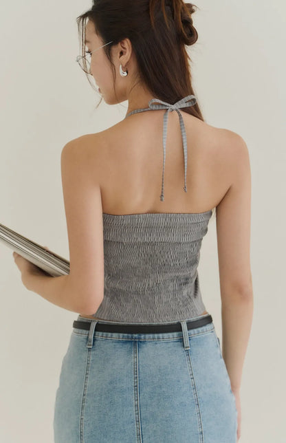 Striped Button-Front Corset<br/>歐美綁帶條紋排釦馬甲Bra Top
