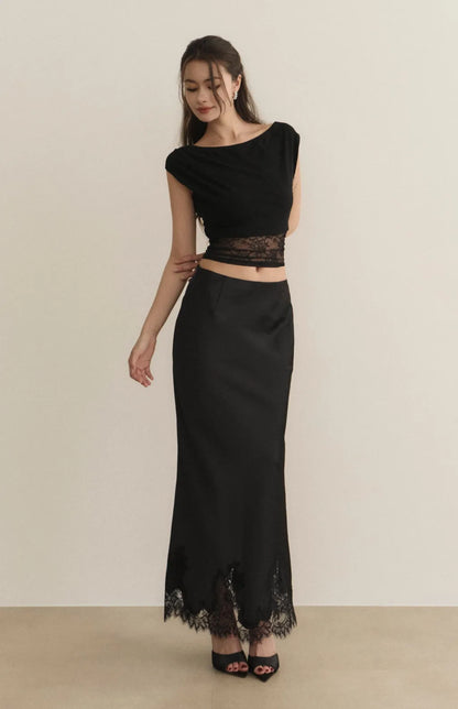 Asymmetric Lace Panel Bra Top<br/>斜領露肩拼接蕾絲Bra Top