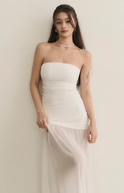 Strapless Ruched Sheer Overlay Bra Dress<br/>歐美平口抓皺收腰Bra Dress