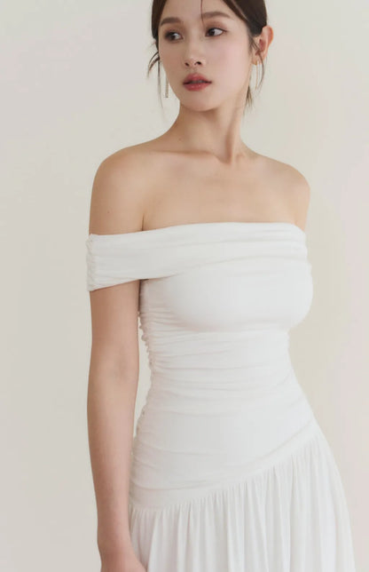 Off-Shoulder Ruched Maxi Bra Dress<br/>法式平肩抓皺修身Bra Dress