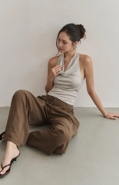 Satin Cowl-Neck Halter Bra Top<br/>法式緞光垂領削肩Bra Top