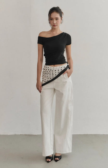 Asymmetric Ruched Short-Sleeve Bra Top<br/>斜領不對稱抓皺短袖Bra Top