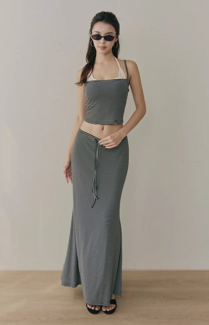 Striped Layered Halter Scoop Bra Top<br/>條紋假兩件U領綁帶Bra Top