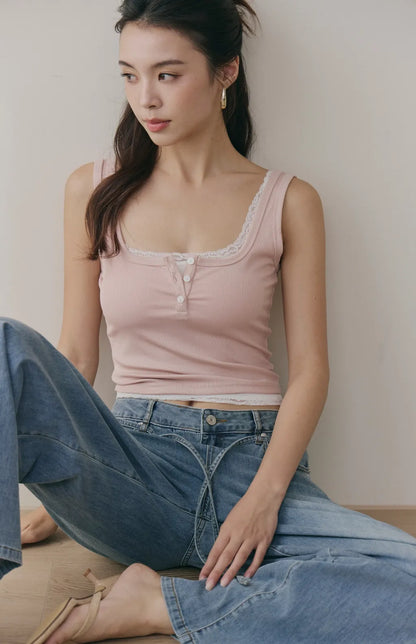 Tencel Layered Lace-Trim Henley Bra Top<br/>天絲假兩件蕾絲可開釦Bra Top