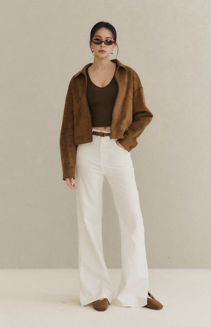 Minimal Suede Collared Zip Jacket<br/>極簡翻領麂皮外套