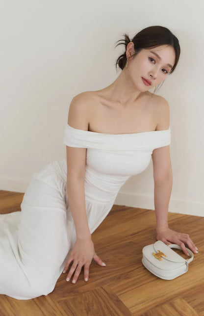 Off-Shoulder Ruched Maxi Bra Dress<br/>法式平肩抓皺修身Bra Dress