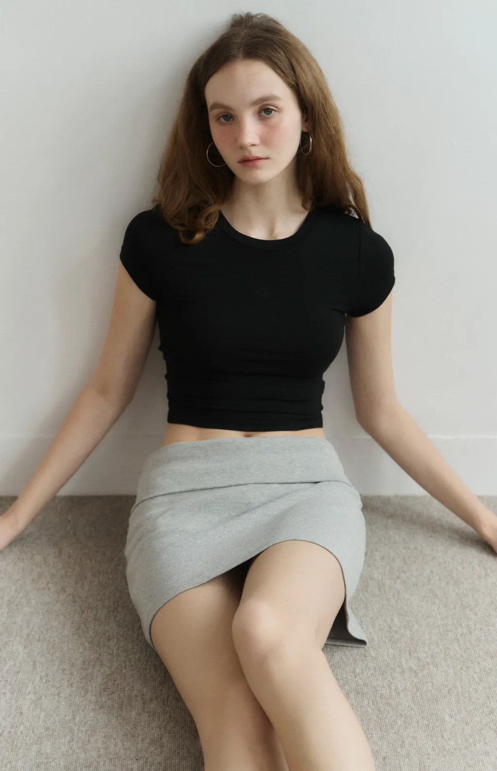 Fold-Over Wide-Waistband Ribbed Skort<br/>反折寬腰帶羅紋短褲裙