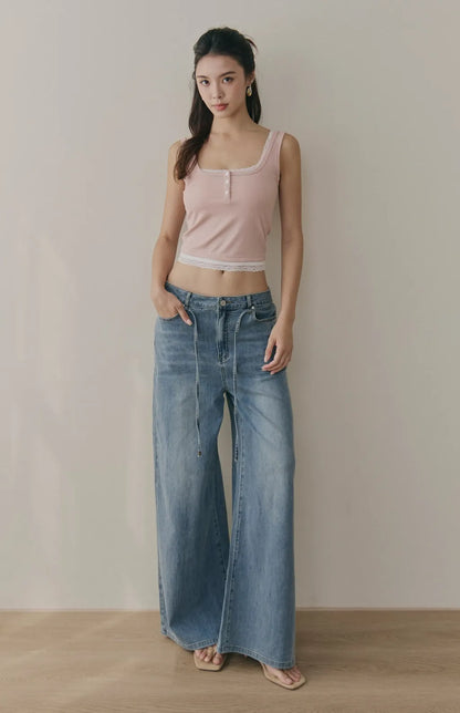 Tencel Layered Lace-Trim Henley Bra Top<br/>天絲假兩件蕾絲可開釦Bra Top