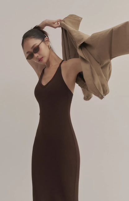 Ribbed V-Neck Racerback Bodycon Maxi Bra Dress<br/>羅紋V領挖背修身Bra Dress